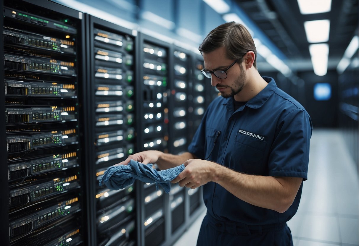A data center technician wipes clean a row of servers, ensuring data security through thorough erasure