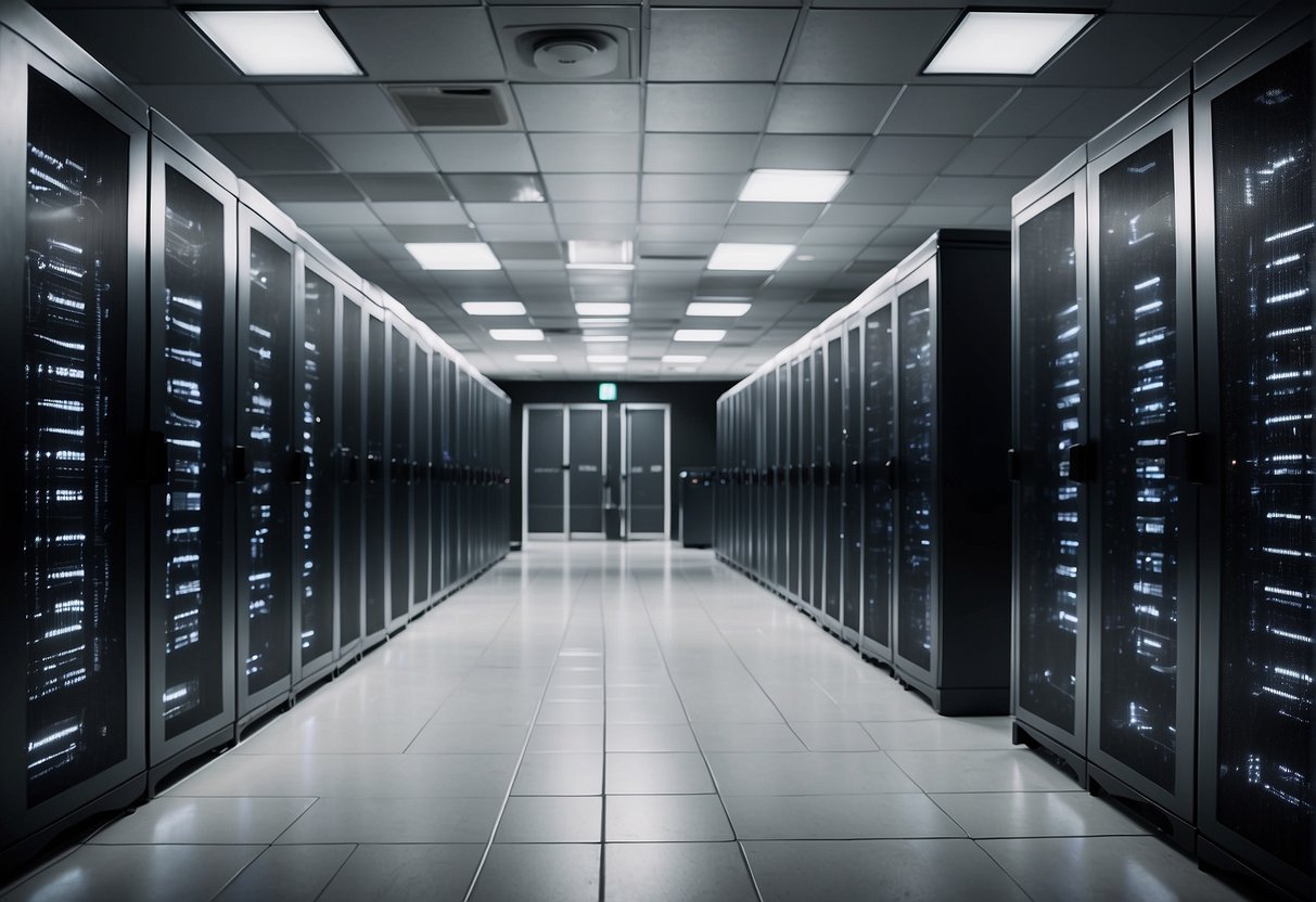 A data center with servers being wiped clean, surrounded by security measures like locked doors and surveillance cameras
