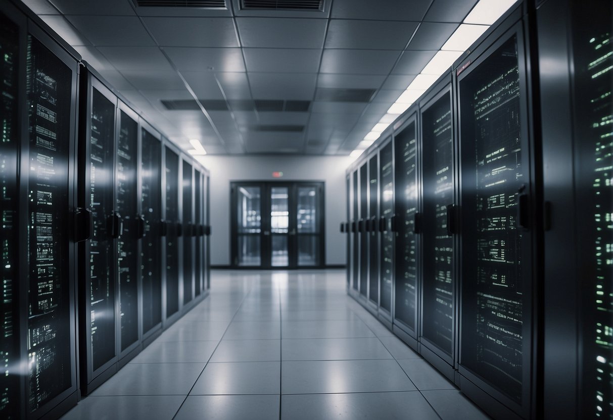 A data center with servers being wiped clean, accompanied by a compliance checklist and security measures in place