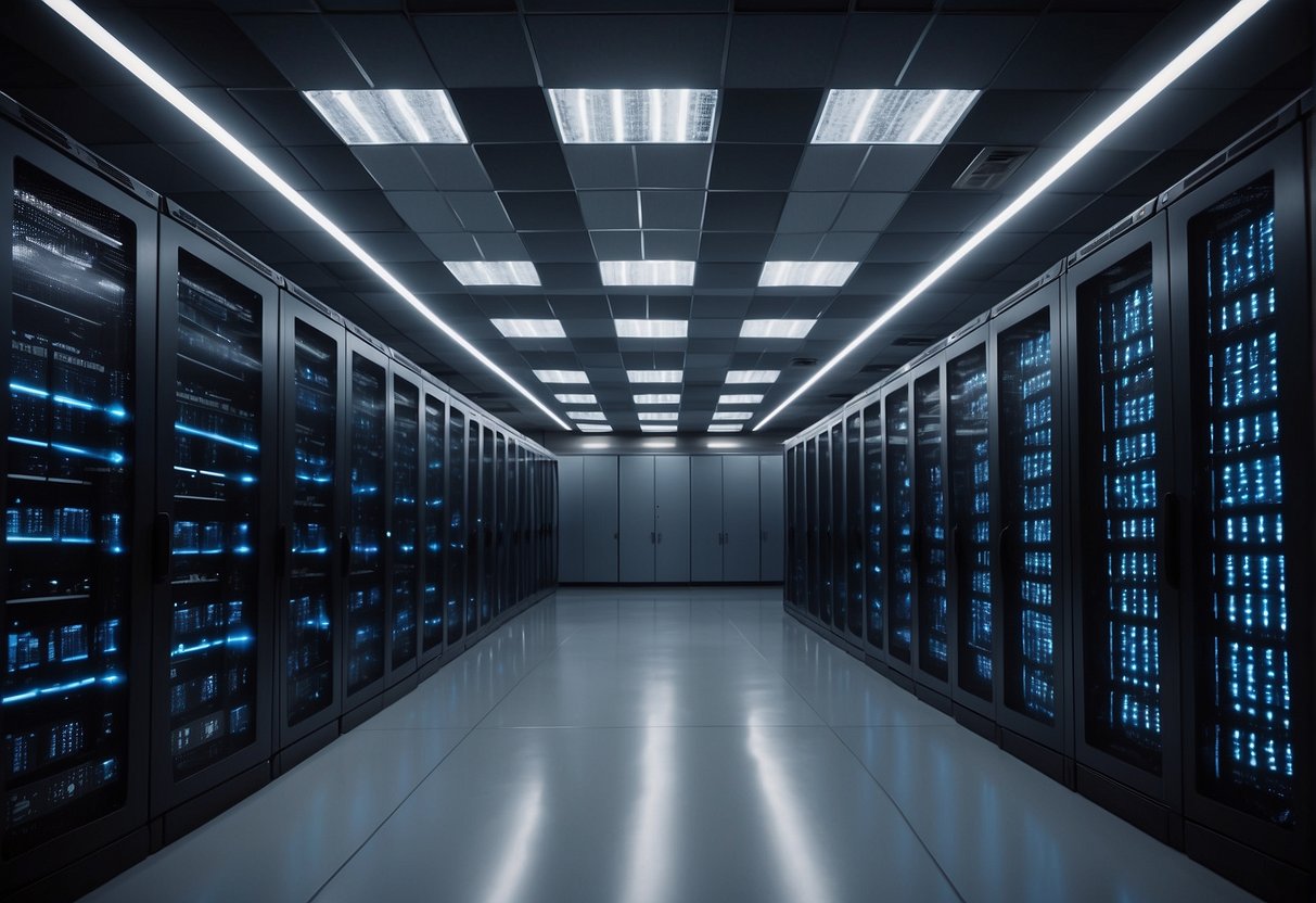 A data center with rows of servers and technicians using data erasure technologies for security