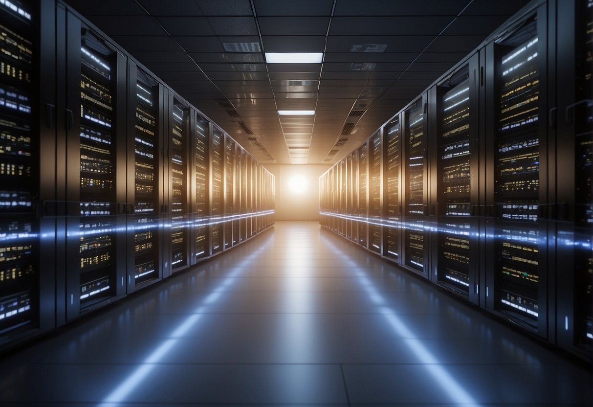 Data erasure software being installed on servers in a data center. Security benefits highlighted in the background