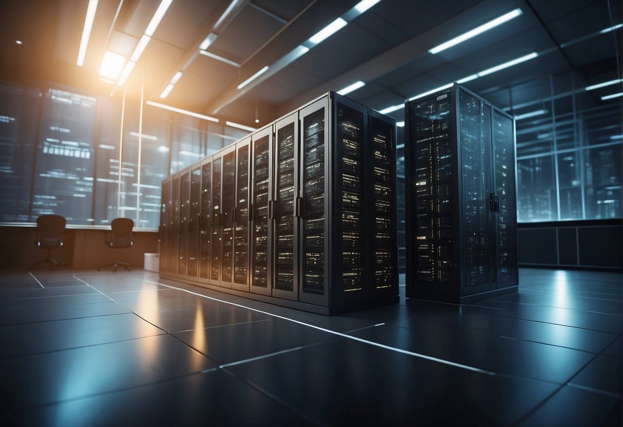 A data center with scattered unerased files, representing the risks. Another data center with securely erased files, depicting the benefits