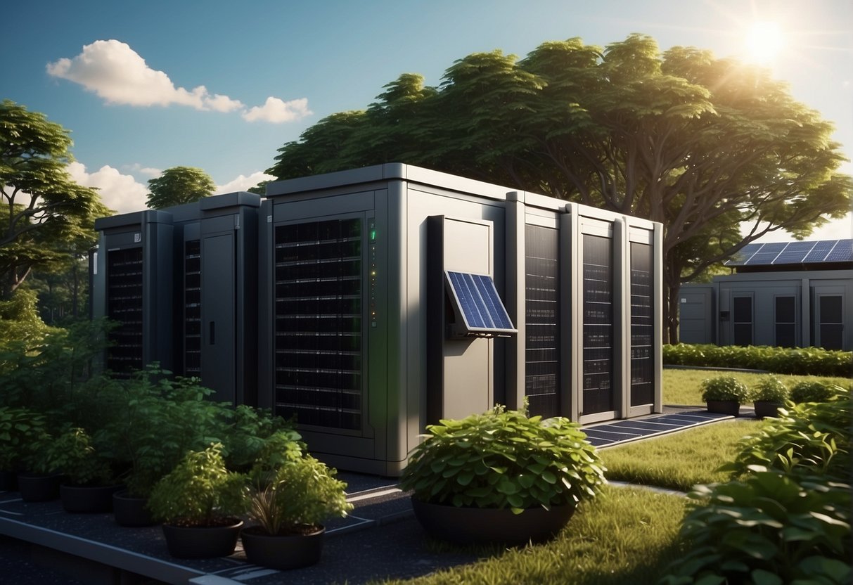 A data center surrounded by lush greenery, solar panels on the roof, and a recycling center nearby. A technician erasing data from servers