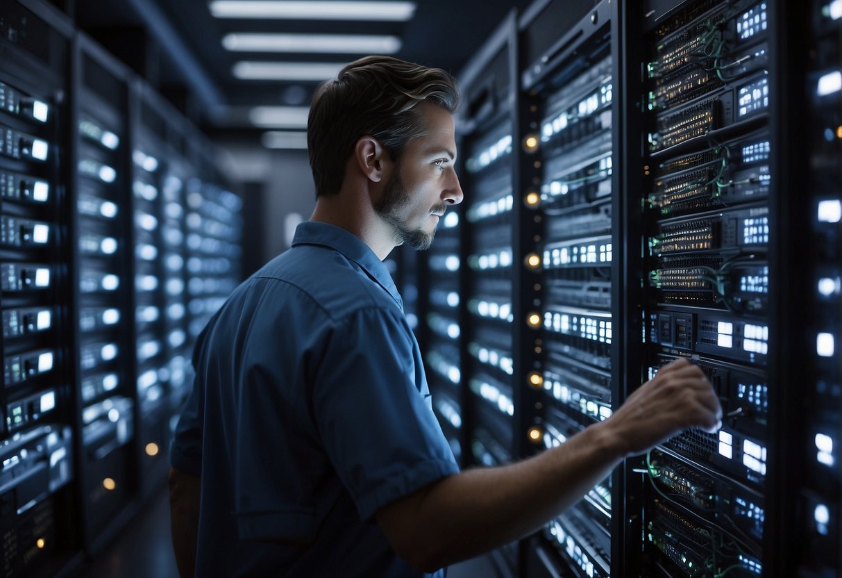 A data center technician erases data from servers using secure software and hardware tools. The room is brightly lit, with rows of servers neatly arranged in racks. The technician is focused and methodical, ensuring that all sensitive information is thoroughly erased for maximum security