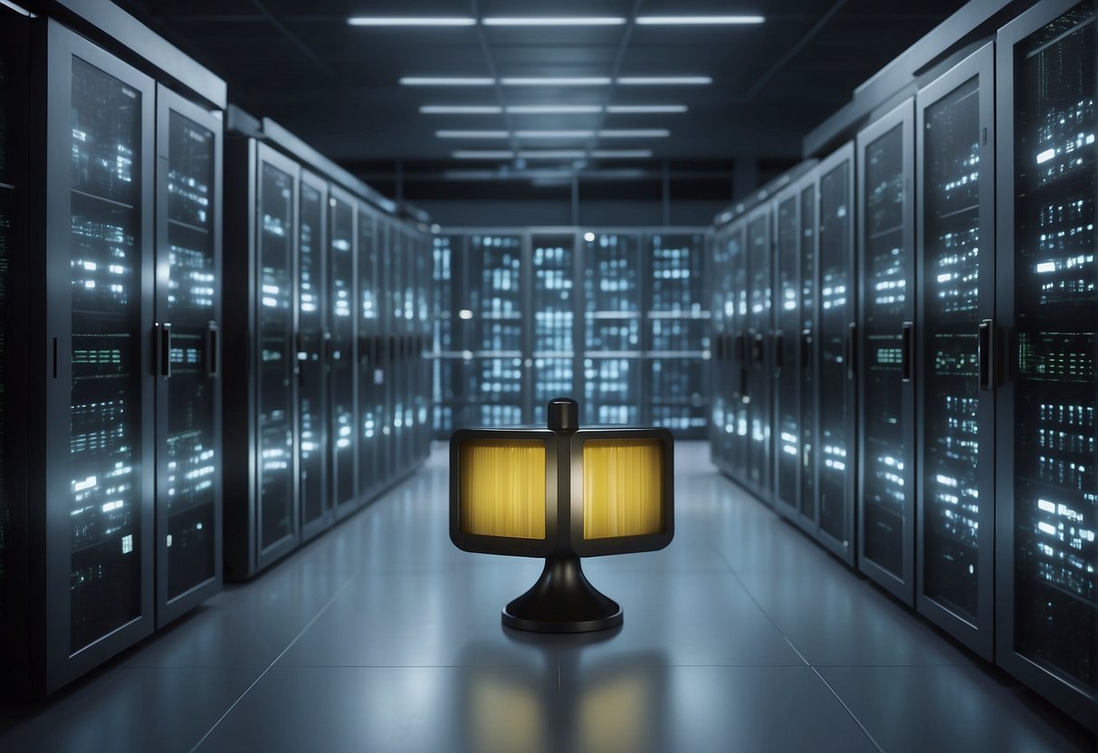 Data center security benefits shown through data erasure process. Servers and storage devices being wiped clean. Locks and security measures visible