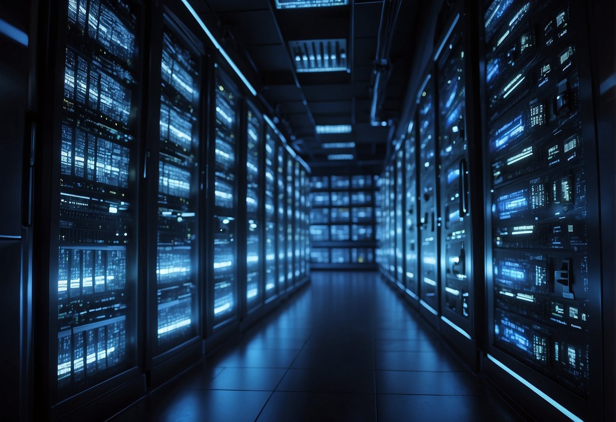 A server room with racks of data storage equipment being wiped clean by a powerful erasure tool, surrounded by glowing data streams and digital debris