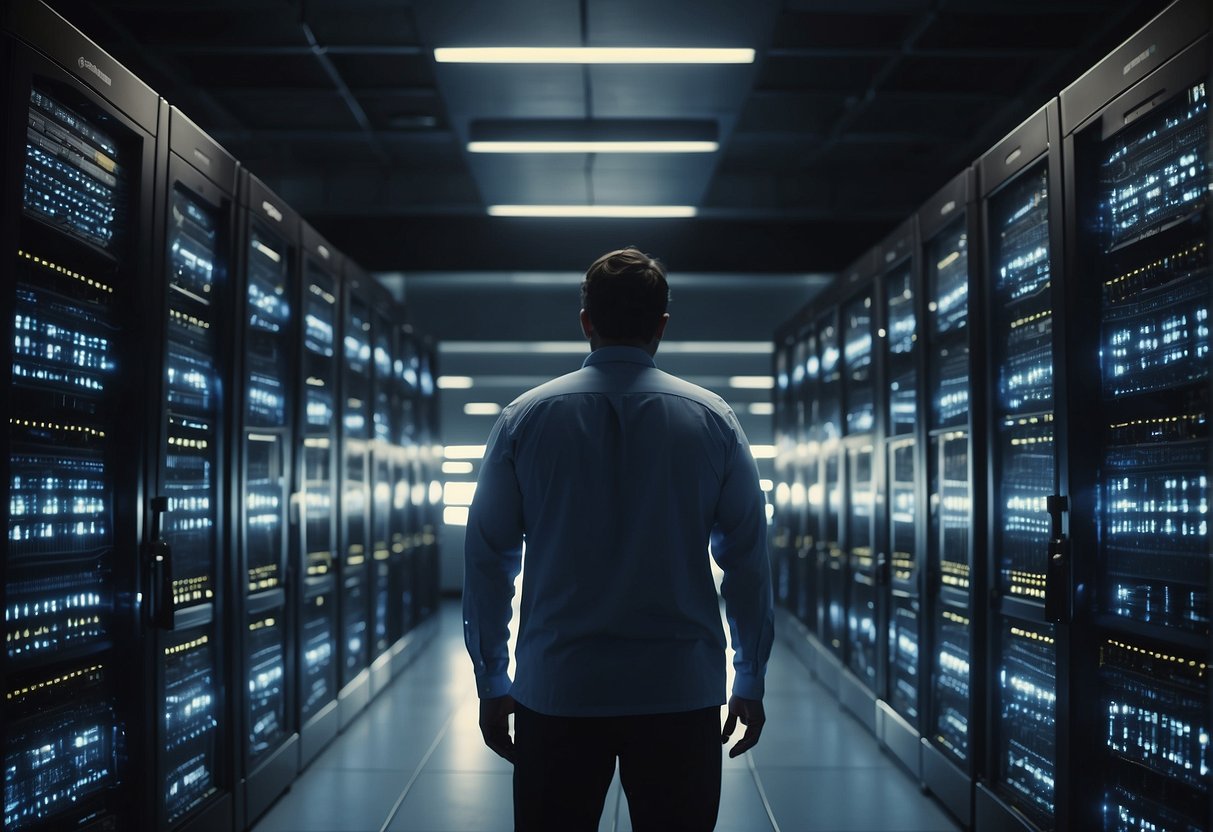 A large server room with rows of blinking servers and data storage devices. A technician using specialized equipment to erase data from a hard drive