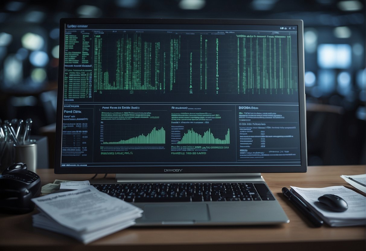 A secure data erasure process is depicted, with a computer system being wiped clean of information, surrounded by regulatory compliance documents and a looming backdrop of big data challenges