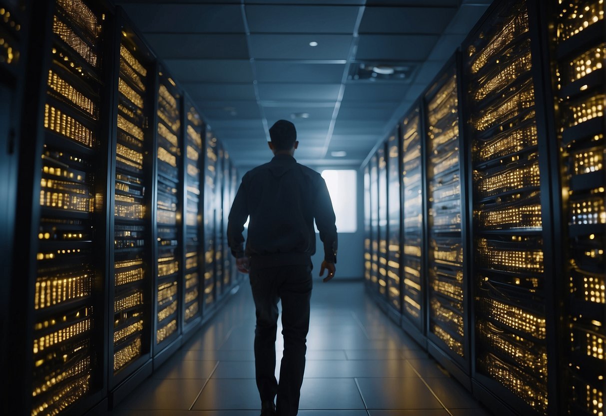 A server room with rows of data storage devices, cables, and blinking lights. A technician is running data erasure software on multiple machines