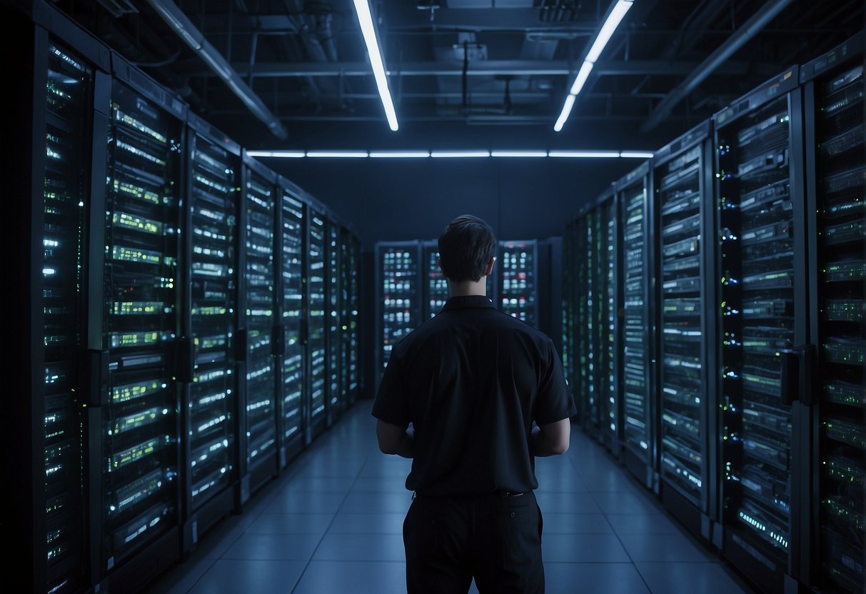 A large server room with rows of data storage racks and blinking lights, surrounded by cables and cooling systems. A technician at a control panel monitors the data erasure process