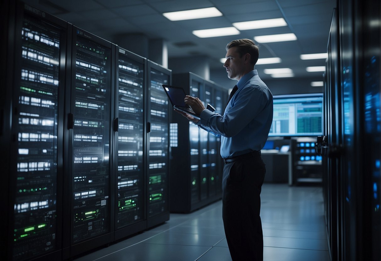 A server room with rows of data storage units, a large computer monitor displaying a data erasure process, and a technician overseeing the operation
