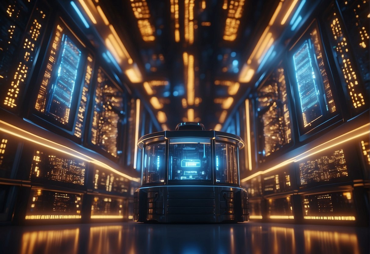 A futuristic data erasure machine whirrs and glows, surrounded by towering servers and flashing lights, as AI algorithms work tirelessly to securely delete vast amounts of big data