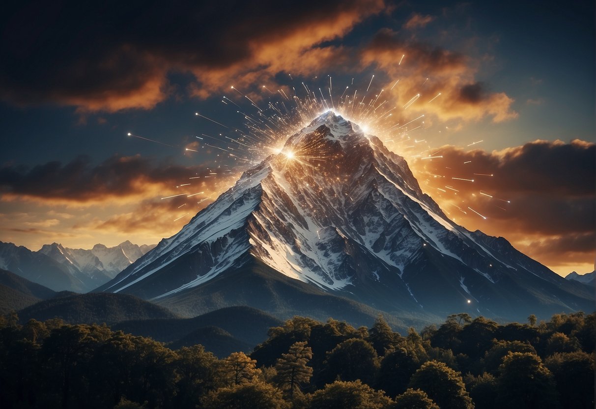 A mountain of digital data being erased by a powerful magnetic force, surrounded by technological challenges and solutions