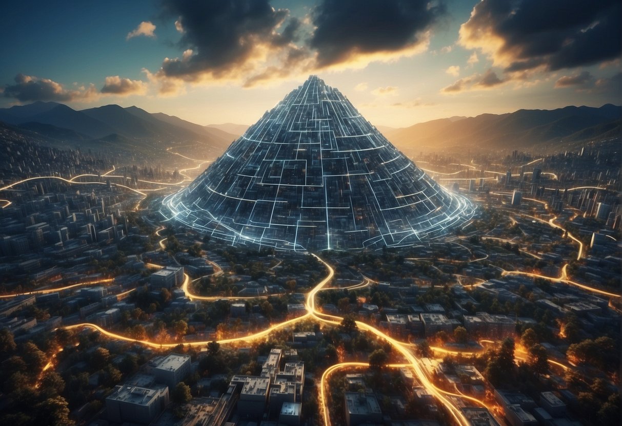 A towering mountain of data sits at the center, surrounded by swirling clouds of information. A maze of tangled wires and cables snakes through the scene, creating a sense of complexity and interconnectedness