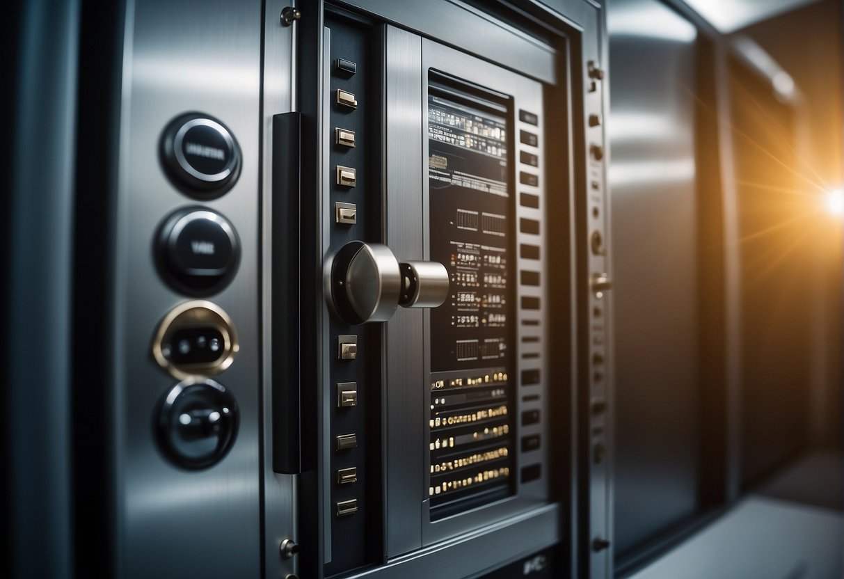 A secure vault door closing, surrounded by electronic locks and data erasure devices