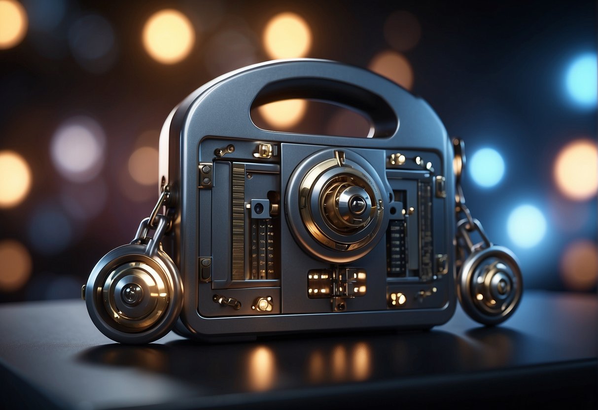 A secure vault surrounded by shields and locks, with a glowing data erasure tool and a shield protecting against cyber threats