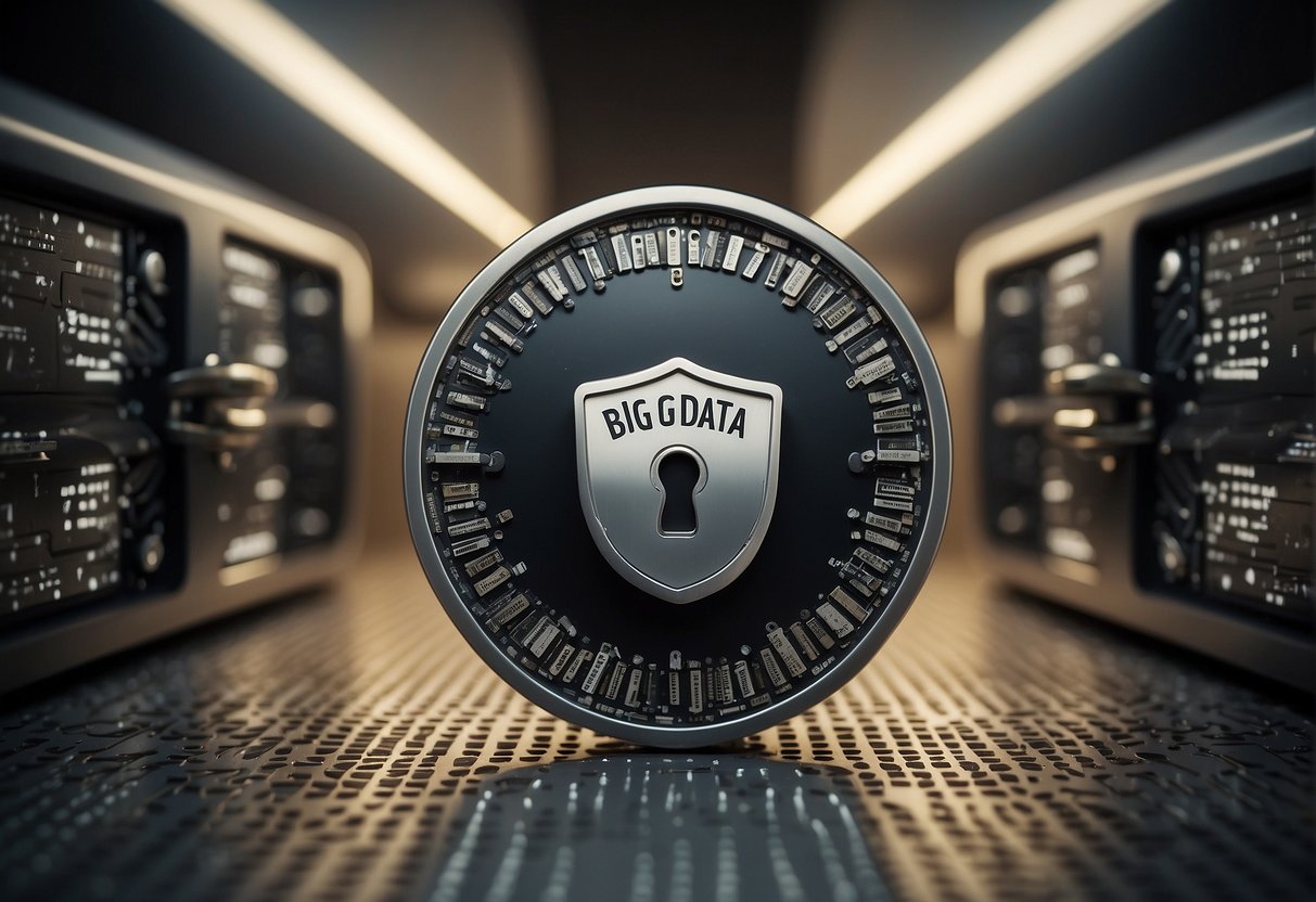 A locked vault with "Big Data Security" sign, surrounded by a shield symbolizing data protection. A shredder erasing data in the background
