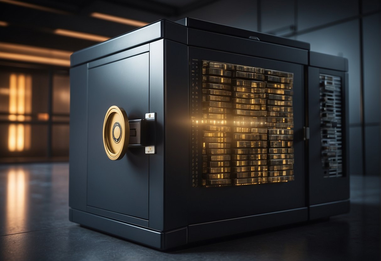 A locked vault with a digital keypad, guarded by a firewall and surrounded by data servers. A shredder in the corner