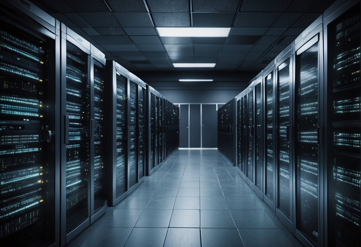 A secure data center with servers and firewalls. Labels for big data security, data erasure, and data protection are prominently displayed