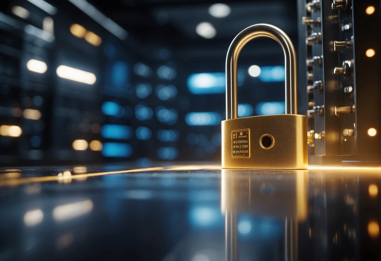 A secure vault with a large padlock and key, surrounded by firewalls and encryption codes, with a shield protecting against cyber attacks