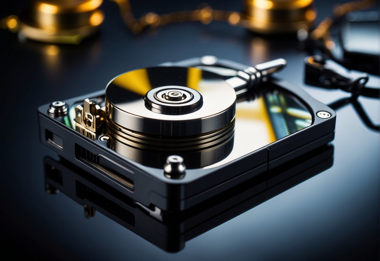 A computer hard drive being wiped clean with a digital eraser tool, surrounded by lock and key symbols representing data protection