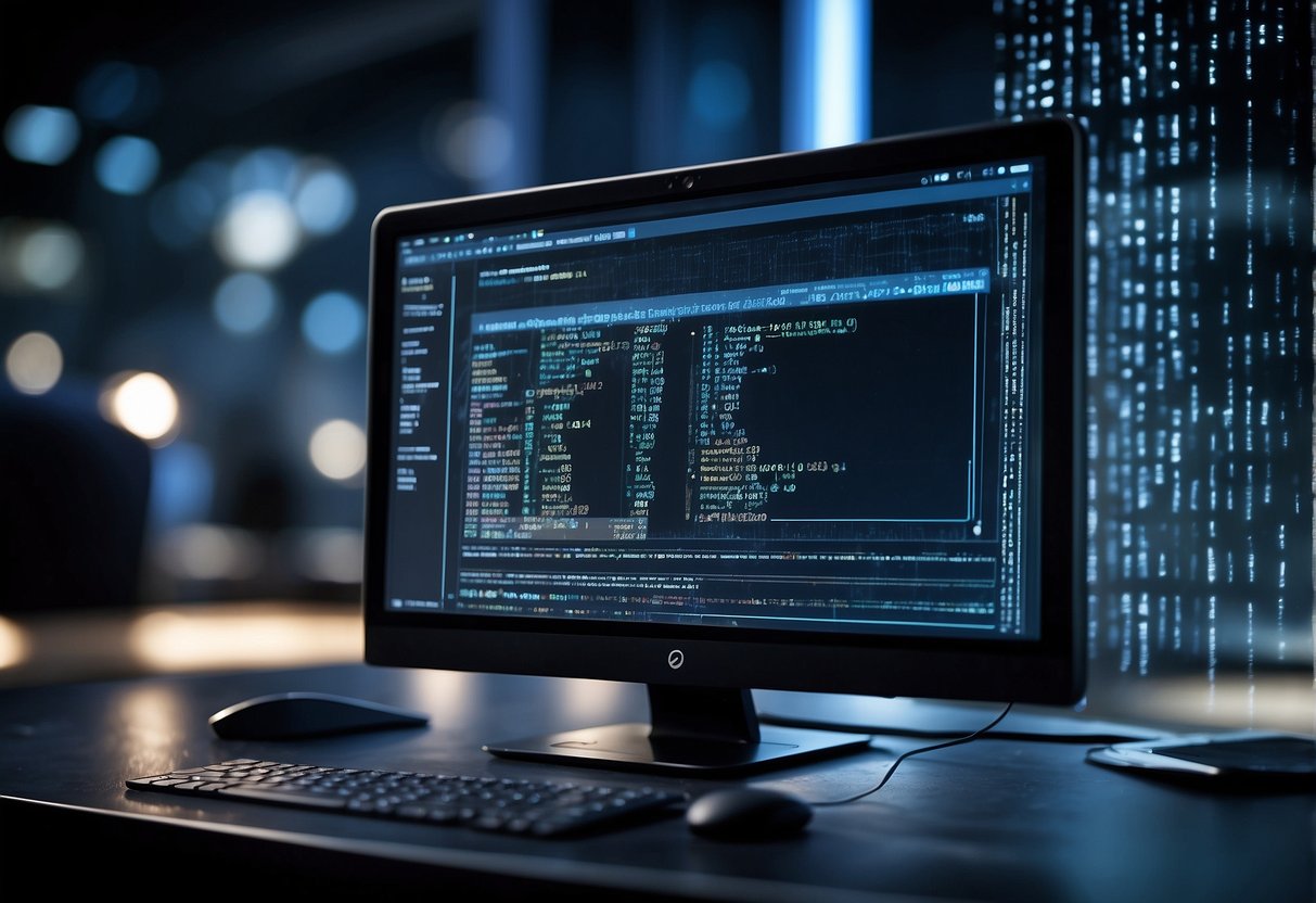 A computer screen displays data erasure software running a secure wipe process on a hard drive, while a digital forensic tool analyzes the erased data for potential recovery