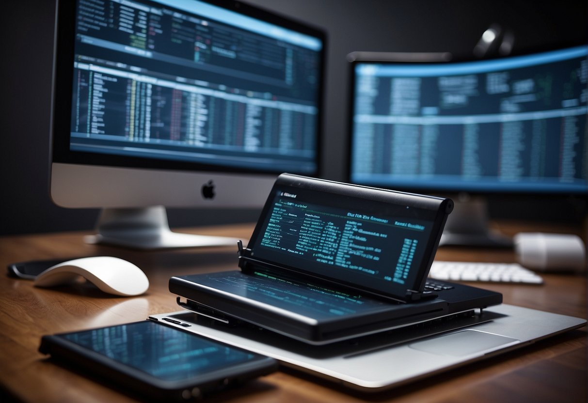 Data erasure software scanning and wiping digital devices, with forensic tools in background for support