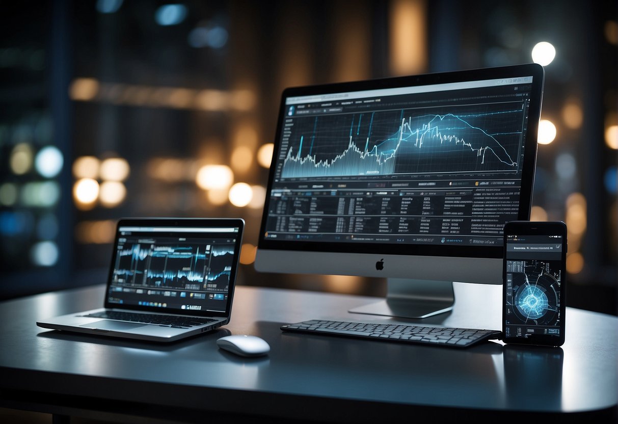 Various digital devices (laptops, smartphones, tablets) display data erasure software in use, supporting digital forensics