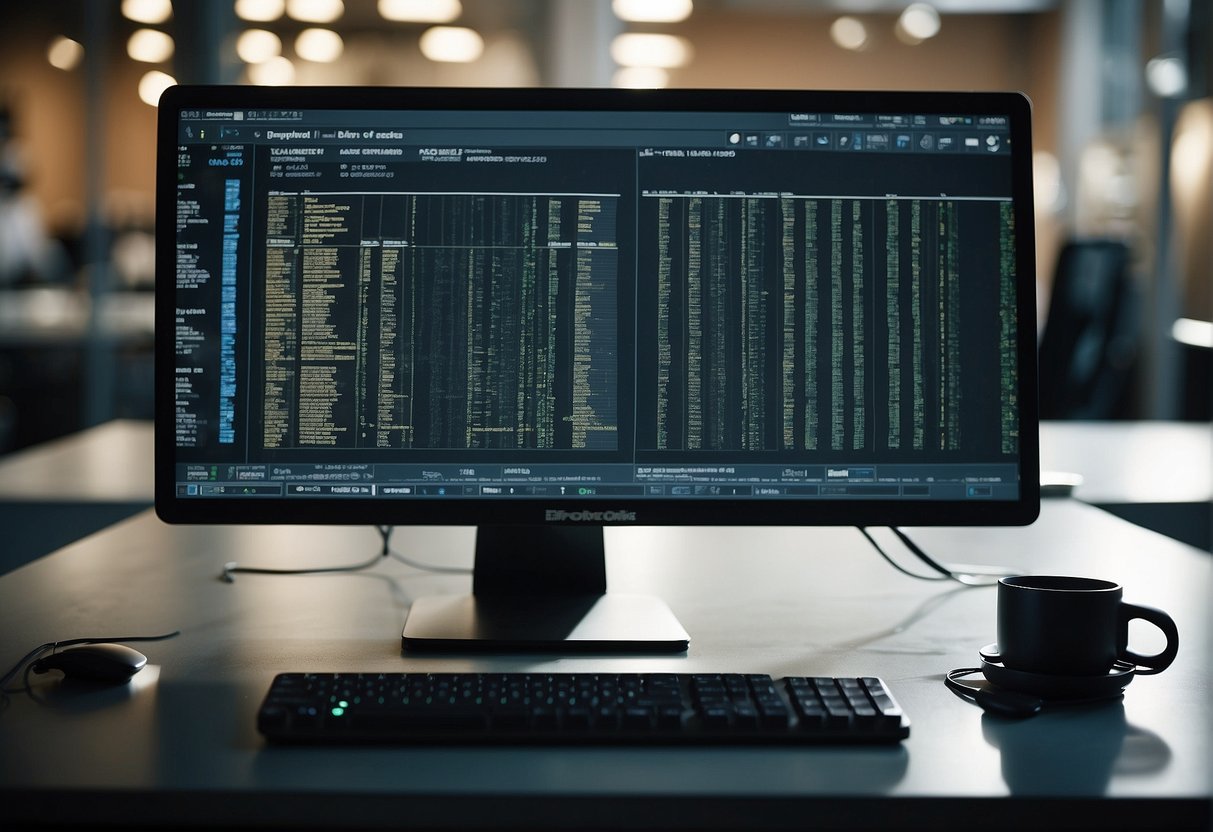 A computer screen displays data erasure software in use, while digital forensic tools and equipment surround the workstation