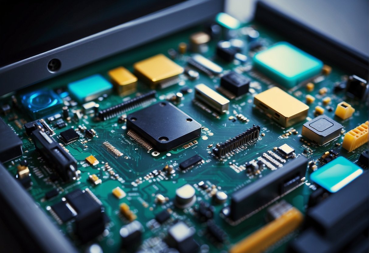 Various software icons (e.g. data erasure, digital forensics) integrated on a computer screen. Tools (e.g. hard drive, USB) connected for data transfer