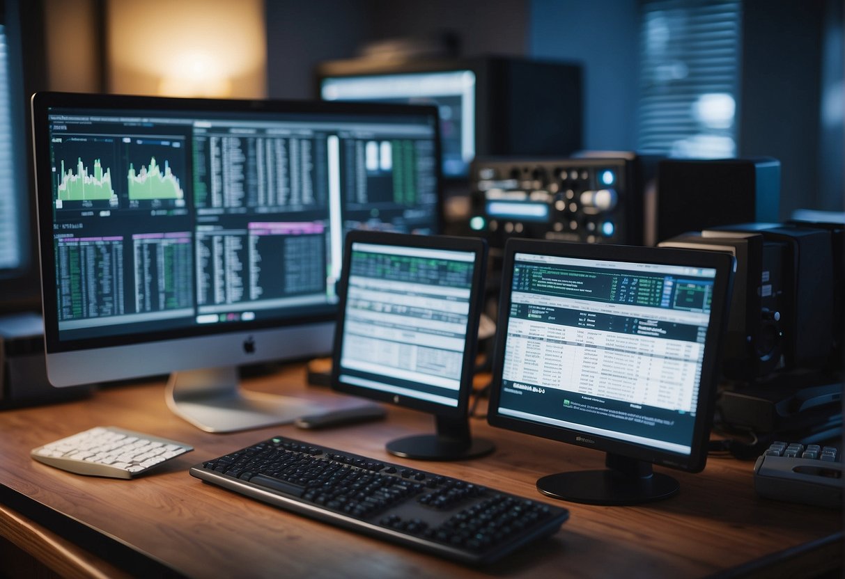 Data erasure software in use, with digital forensics tools nearby. Computer screens display FAQs. Room is well-lit and organized