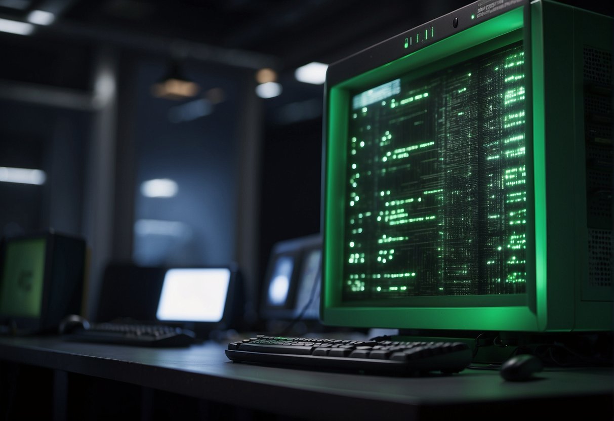 Old computer tower being wiped clean with a data erasure tool. Green progress bar fills the screen. Dust and cobwebs suggest long neglect