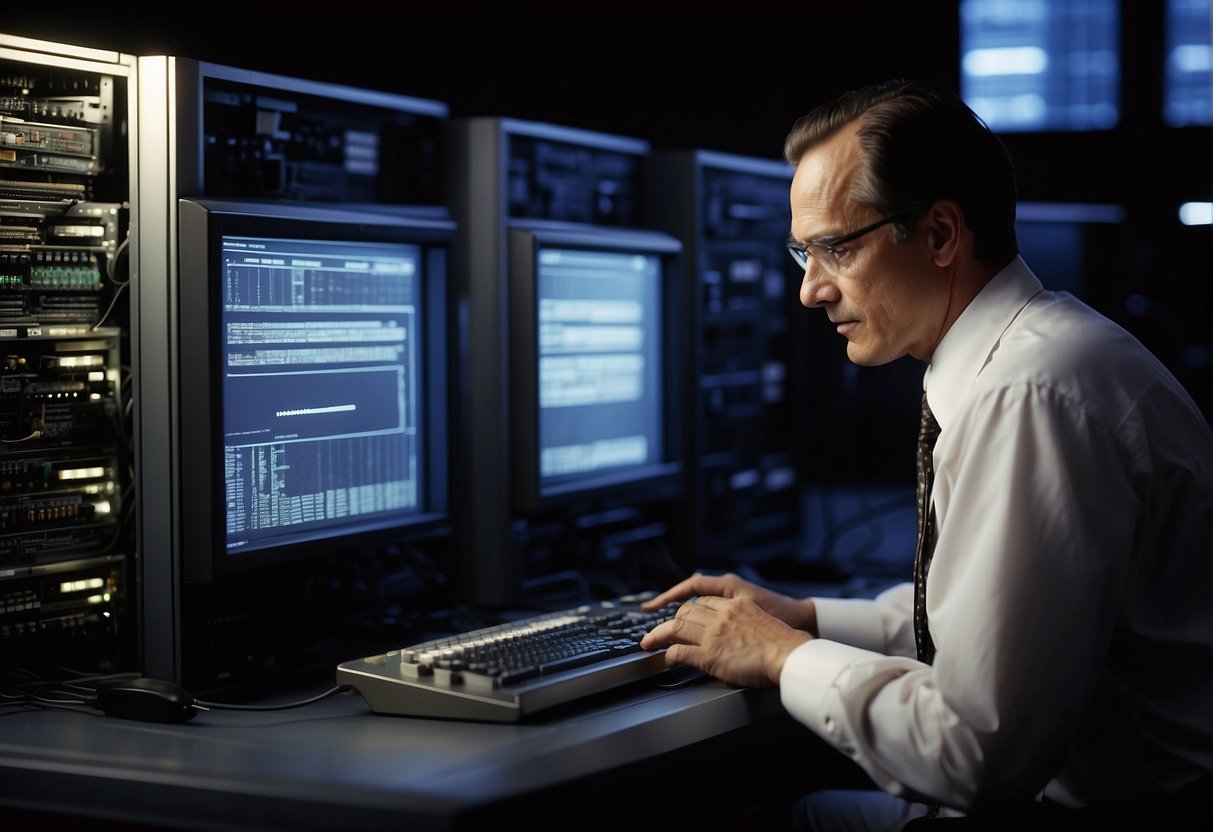 Old computer connected to a server. Data being erased from the system. A technician overseeing the process
