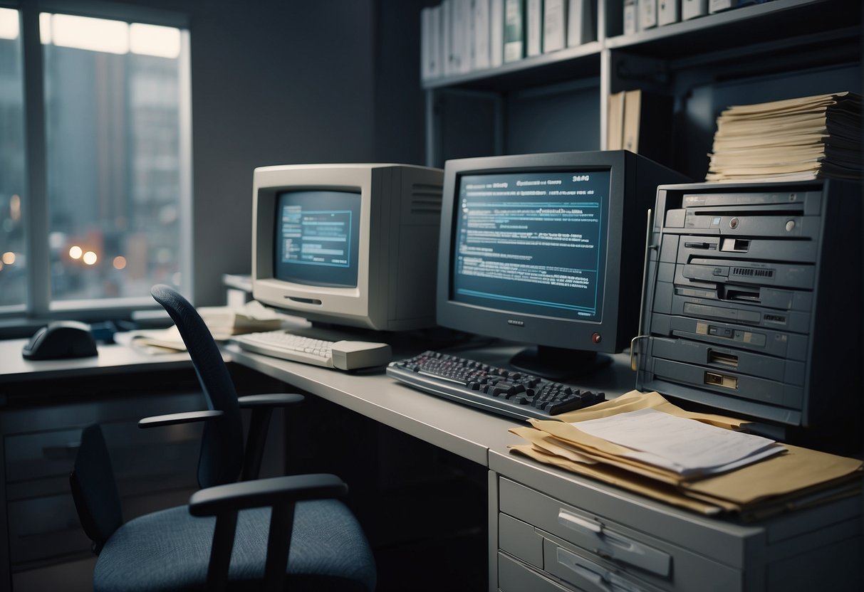 An old computer system being wiped clean with a secure data erasure tool, surrounded by documents and a compliance checklist for data protection