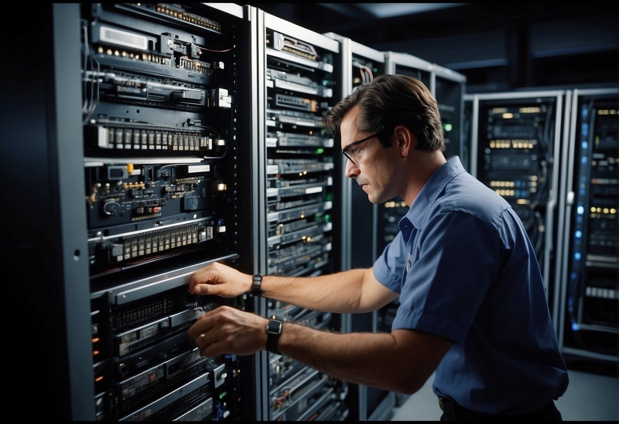 A computer technician running a data erasure program on an old server, ensuring data integrity in legacy systems