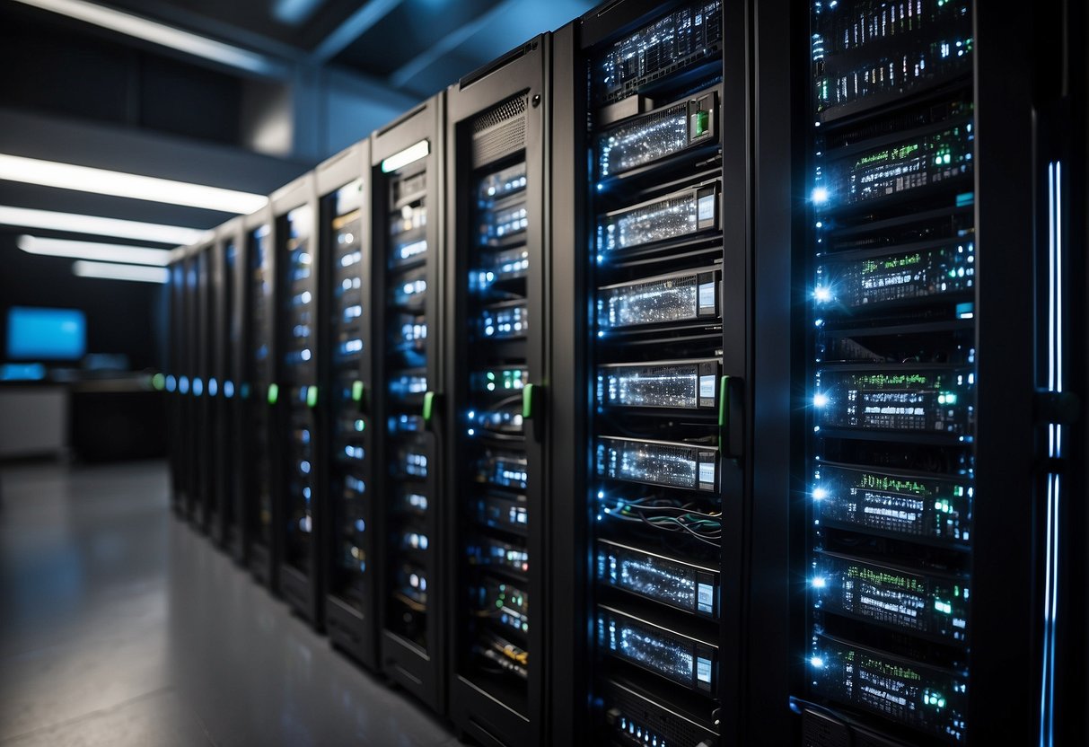 Multiple servers connected to a central data erasure system. Redundant backups and encryption protocols in place. Access restricted to authorized personnel only
