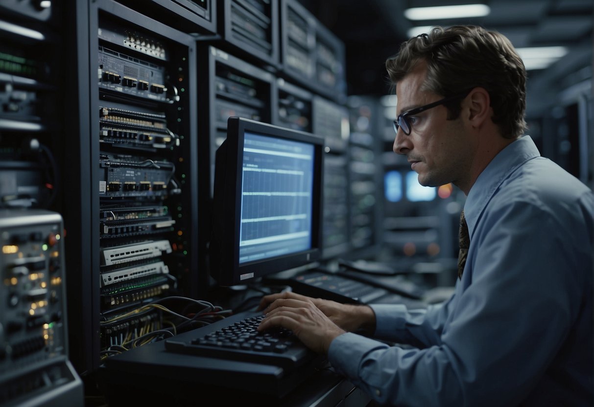 A room filled with old computer systems, cables, and servers. A technician erasing data from a legacy system using specialized software
