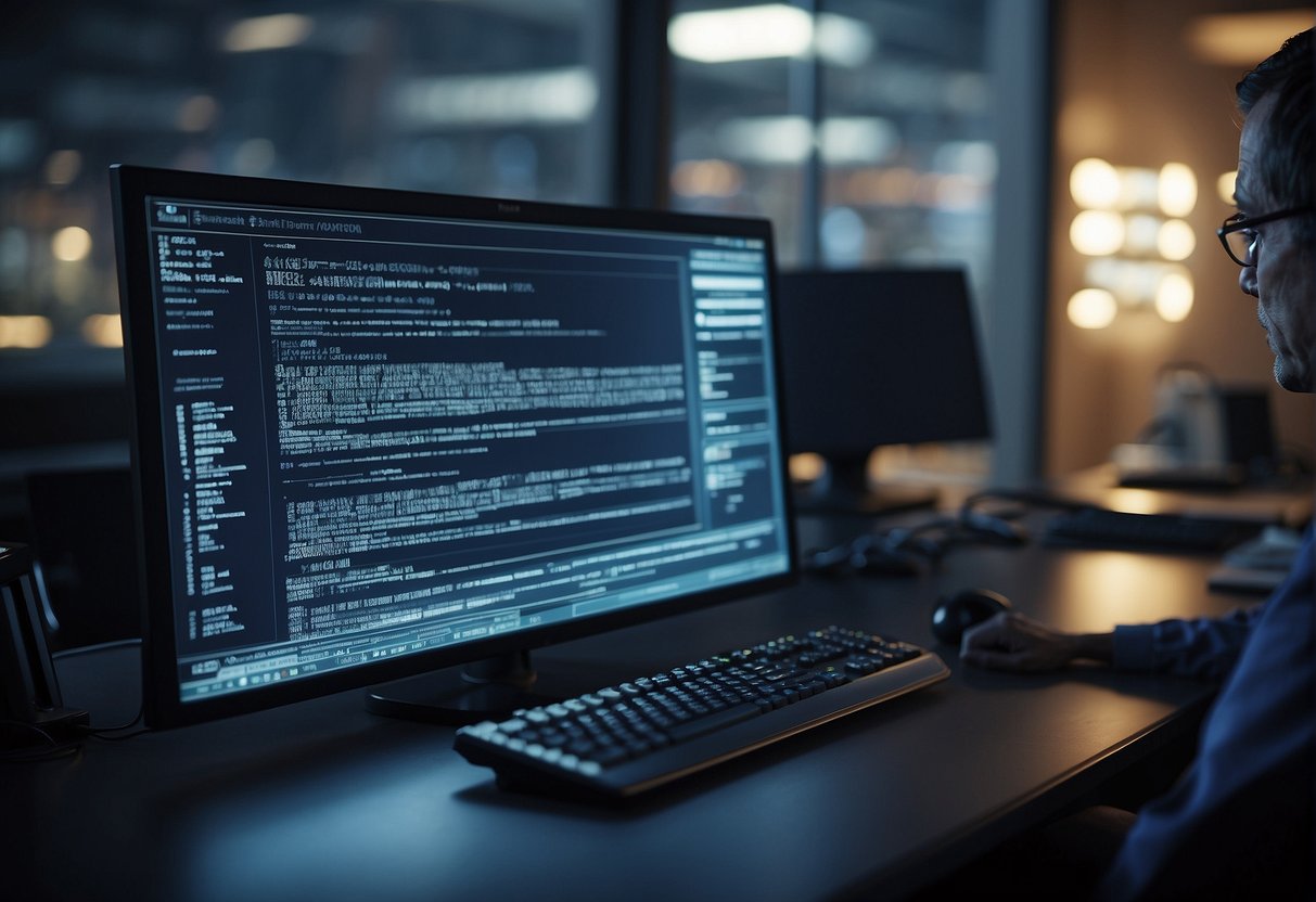 A computer screen displaying a legacy system being wiped clean with technical solutions for data erasure. Multiple data erasure algorithms running in the background to ensure complete removal of sensitive information