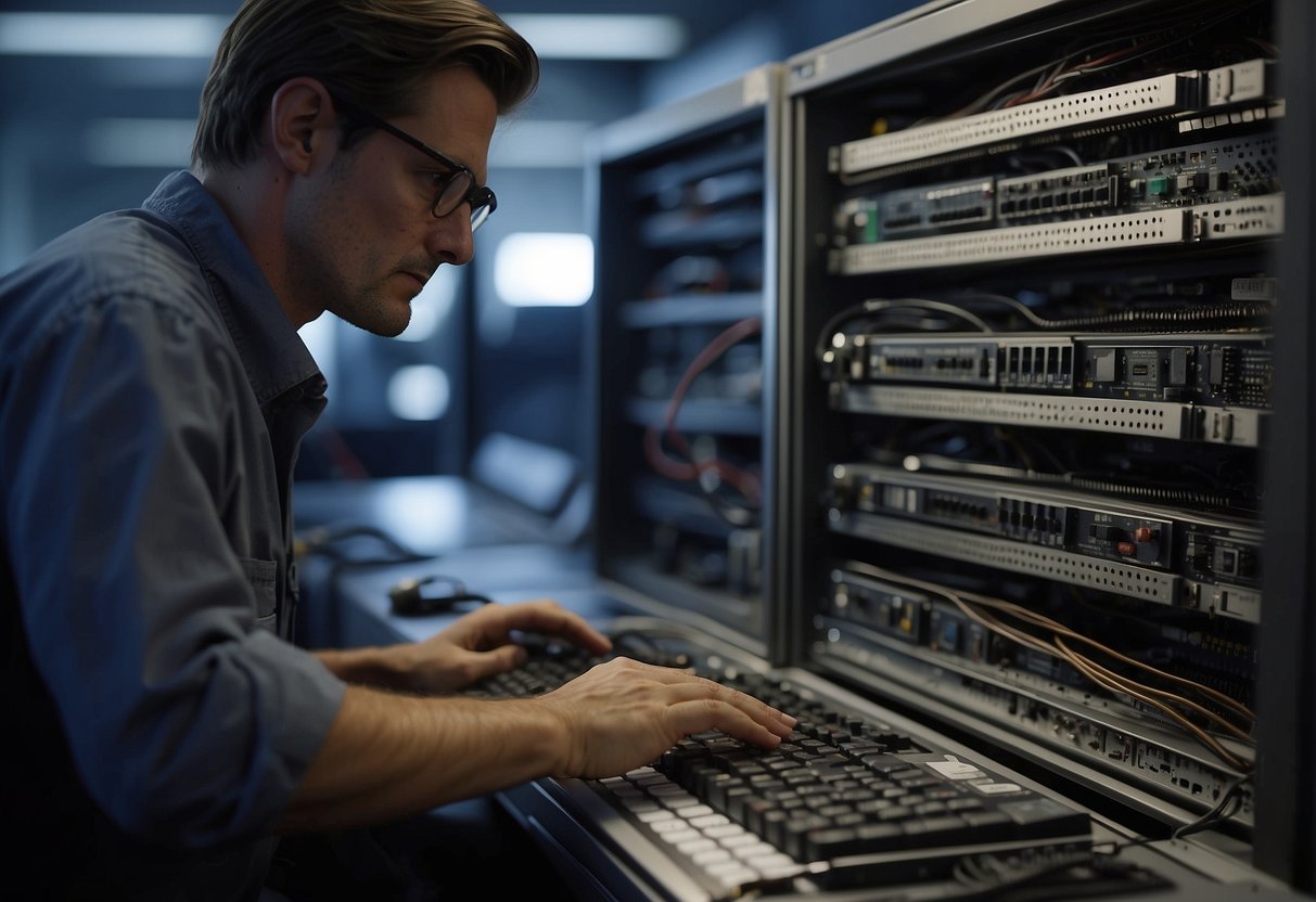 Old computer systems being wiped clean, data erased. Dusty cables and blinking lights. A technician overseeing the process