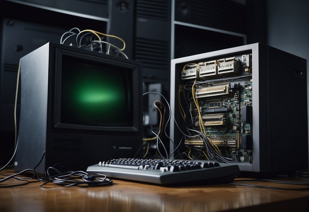 An old computer tower being wiped clean with a secure data deletion process, surrounded by outdated hardware and tangled cords