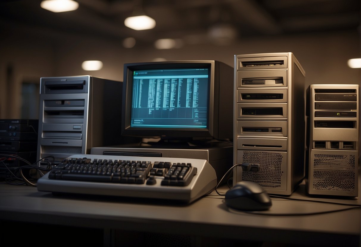 A stack of old computers sits in a dimly lit room, connected to a data erasure system. A secure data deletion process is underway, wiping clean the legacy systems