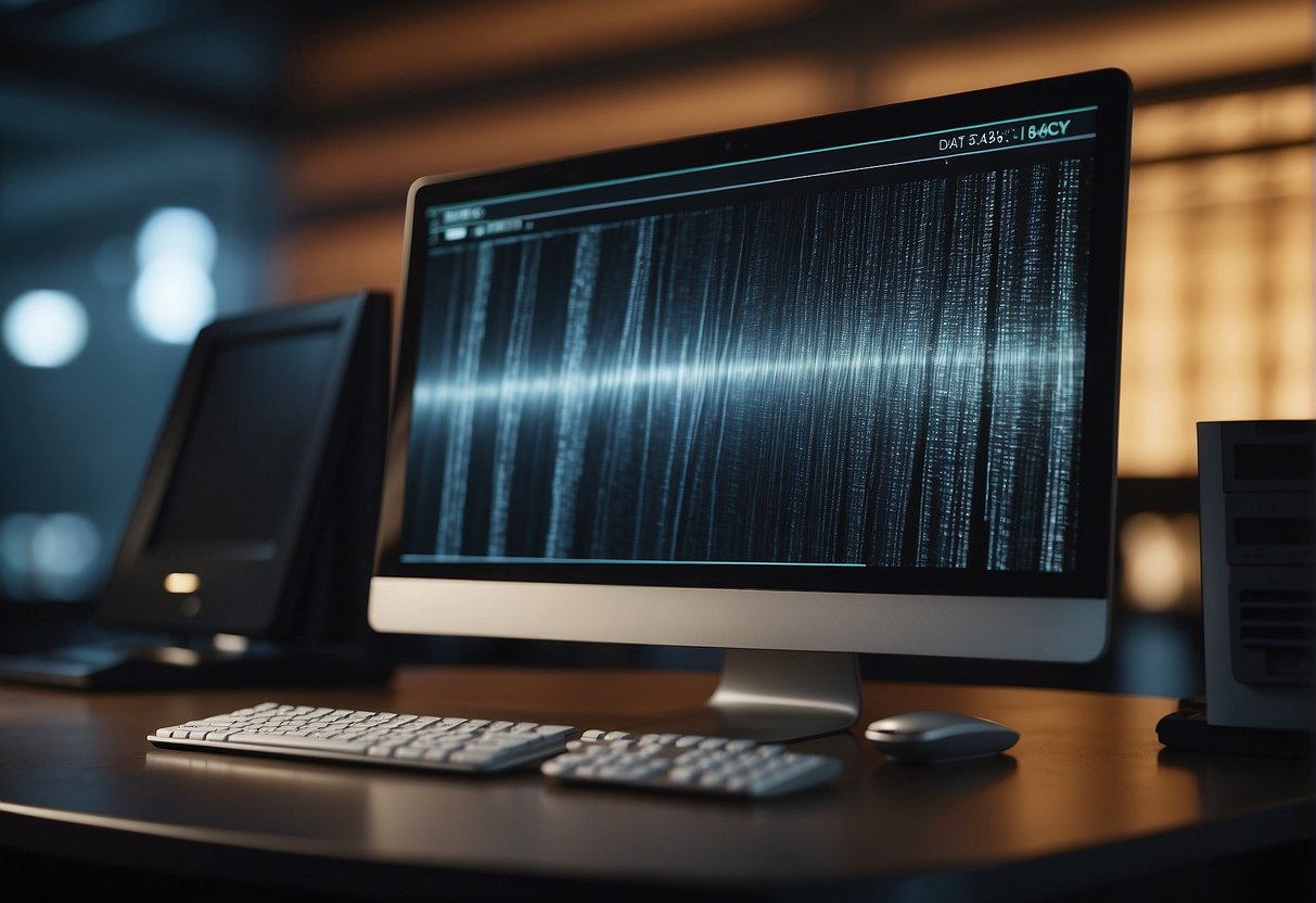 A computer screen displaying a legacy system being securely erased, with a progress bar indicating the data deletion process. A shredder icon symbolizing secure data deletion