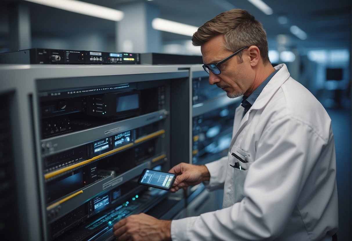 A technician wipes clean a legacy system, ensuring secure data deletion in a specialized environment