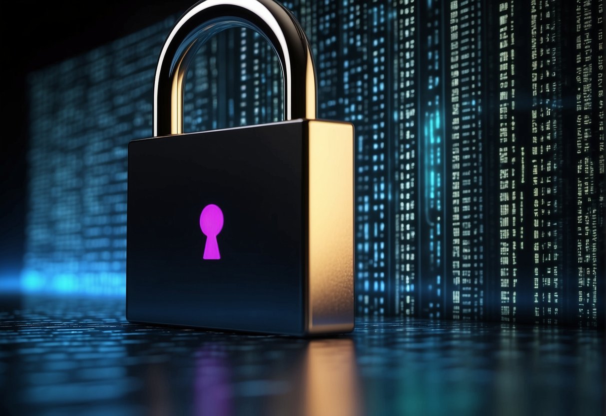 A computer screen displaying data erasure software deleting files as a padlock icon representing ransomware is blocked from entering the system