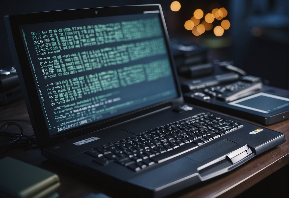 A computer screen displays a locked file with a ransom note. A shredder destroys old hard drives in the background