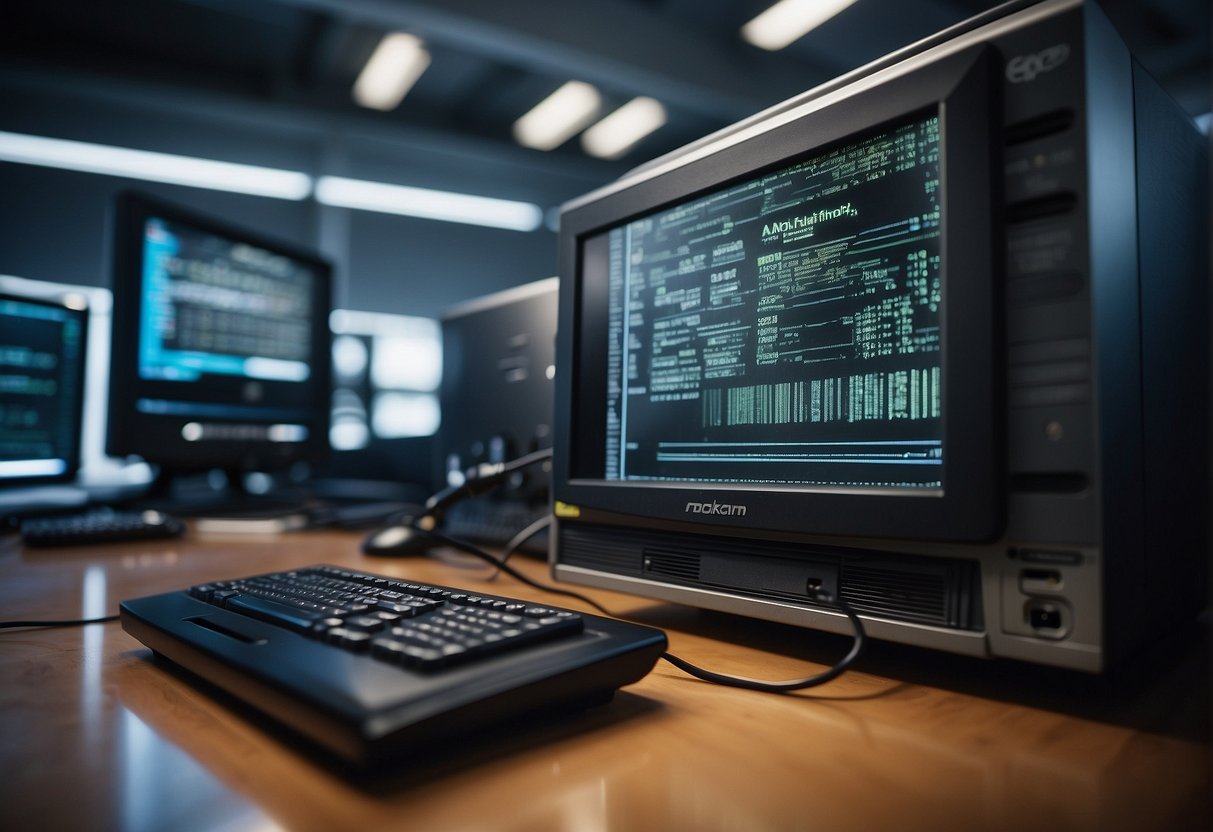 A computer being wiped clean with a data erasure software, surrounded by security measures like firewalls and antivirus programs