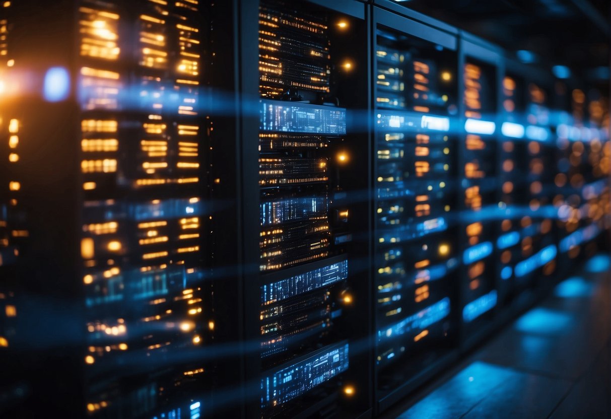 A secure data center with multiple firewalls and encryption protocols in place, surrounded by a virtual moat of data erasure technology, warding off potential ransomware attacks