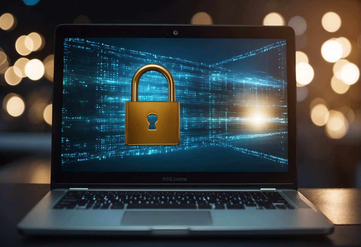 A secure data erasure process in action, with a computer screen displaying the progress bar, a locked padlock symbol, and a shield icon to represent protection against ransomware attacks