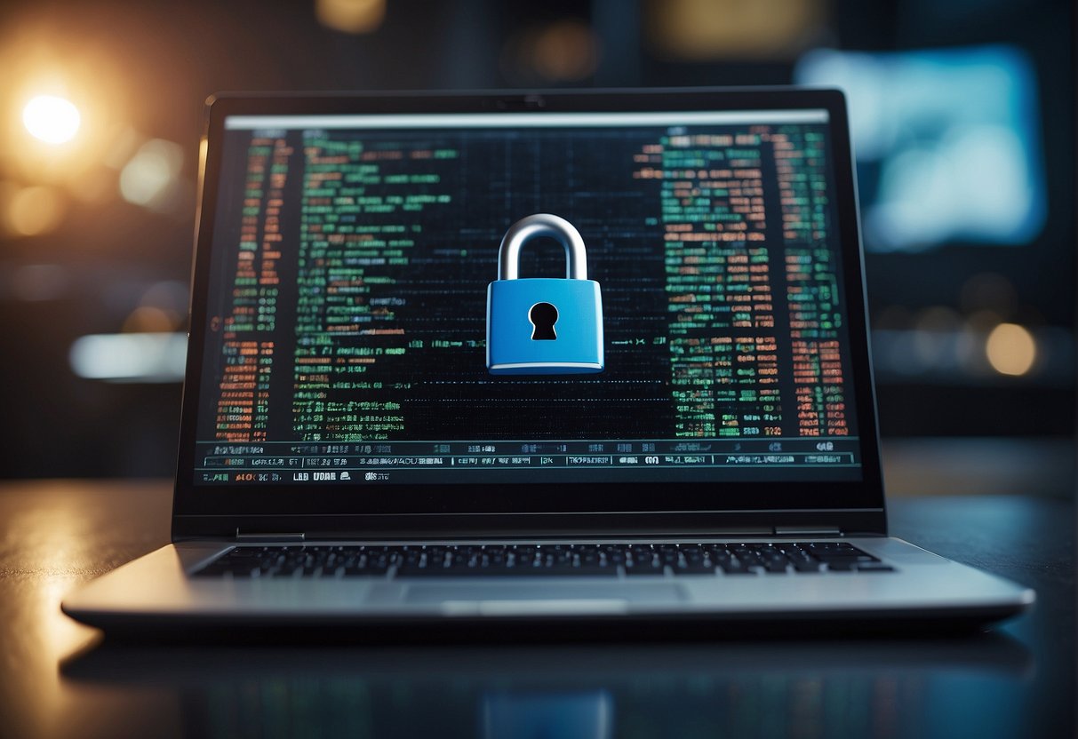 A computer screen displaying a data erasure process, with a padlock symbol being removed and replaced with a shield symbol to represent preventing ransomware attacks