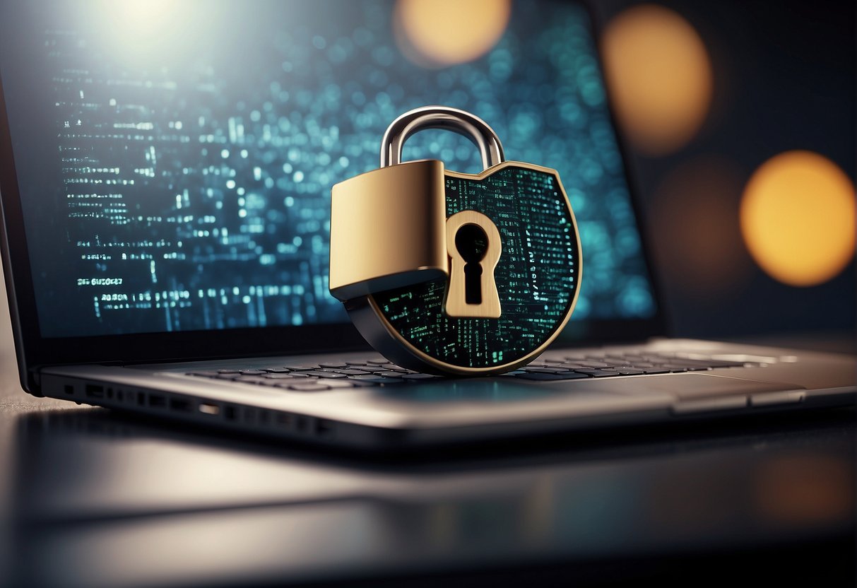 A computer screen displays a locked file with a padlock symbol, while a digital eraser icon hovers nearby. A shield emblem signifies cybersecurity protection